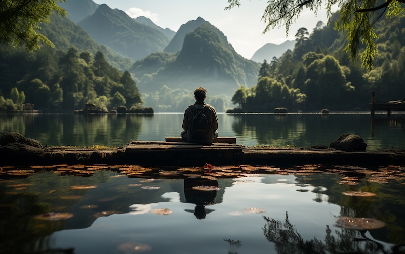 Man meditating lake side in a state of calm from breathing pratices